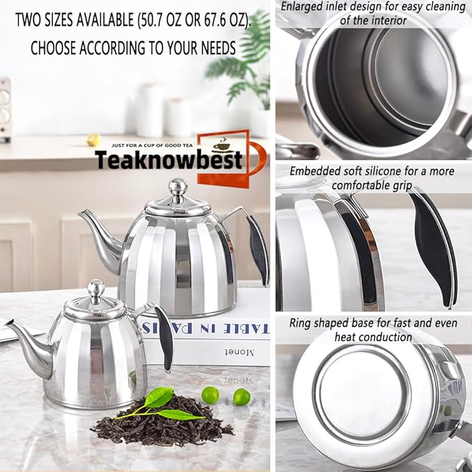 Stainless Steel Tea Pot with Removable Infuser - Loose Leaf Tea Maker, Home & Kitchen Teapot - Large 67.6 oz, Stovetop Safe Teapot for Tea/Coffee, Mirror Finish (2000ml)