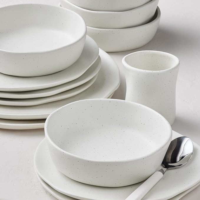 Stone by Mercer Project HEKONDA Modern Debossed Stoneware 16-Piece Dinnerware Set, Plate and Bowl Set, Dish Set for 4, White Speckled