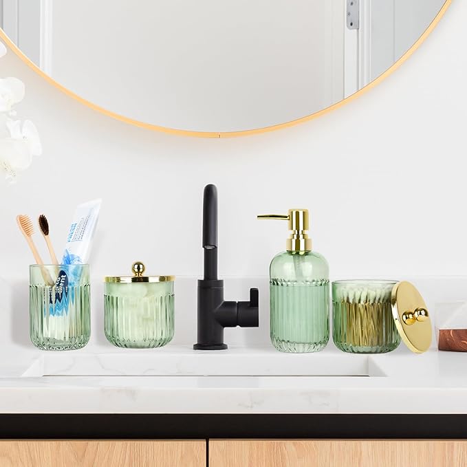 Bathroom Accessories Set,4 Pcs Green Glass Bathroom Accessories Set with Toothbrush Holder,Lotion Soap Dispenser,2 Qtip Holder Dispensers - Countertop Organizer for Modern Bathroom Decor - Green