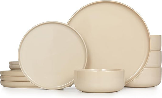 Dinnerware Set, 12 Piece Service for 4, by Kook, Ceramic 10.5” Dinner Plates, 8.2” Salad Plates and 25 oz Soup Bowls, Stoneware, 12 Piece Set, Somerset Collection (Beige)