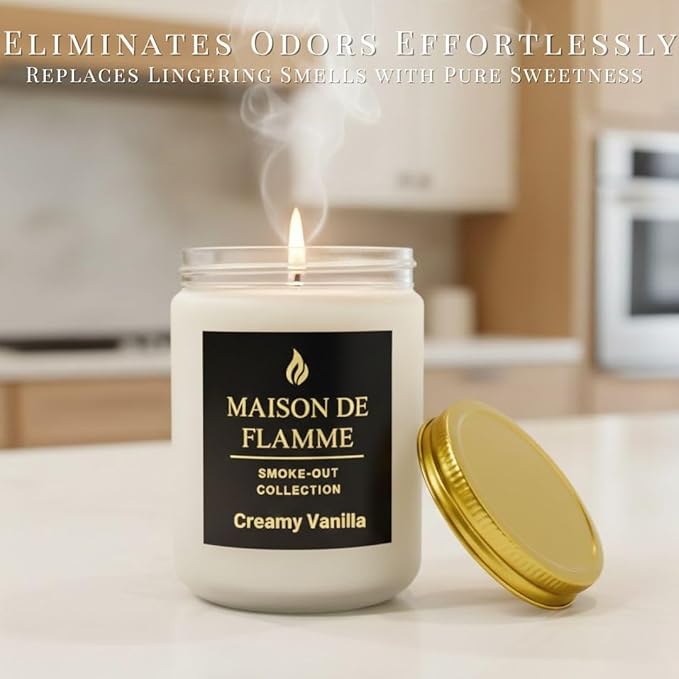 Creamy Vanilla Odor-Eliminating Scented Candle, 200g/7oz White Jar – Long-Lasting Soy Wax Blend Candle for Smoke, Kitchen & Home Odors