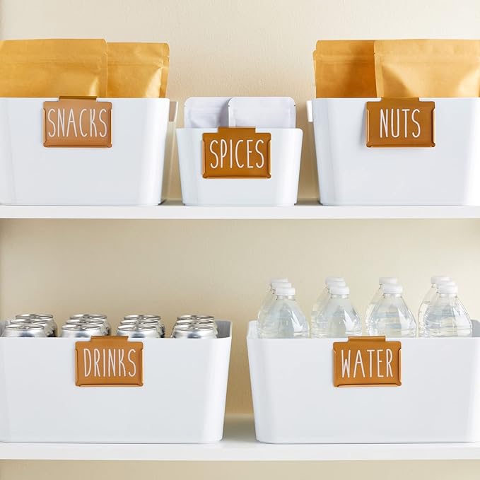 Talented Kitchen Labels for Storage Bins & Holders - 8-Pack Bronze Metal Holders & 40-Piece Set, 2 x 3.5 in - Clip-On Basket & Pantry Labels for Kitchen Organization