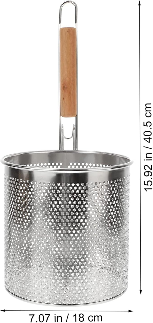 Angoily Mesh Pasta Basket Food Strainer Hot Pot Colander with Round Wooden Handle Stainless Steel Mesh Spider Strainer for Pasta Noodles Dumpling Vegetable