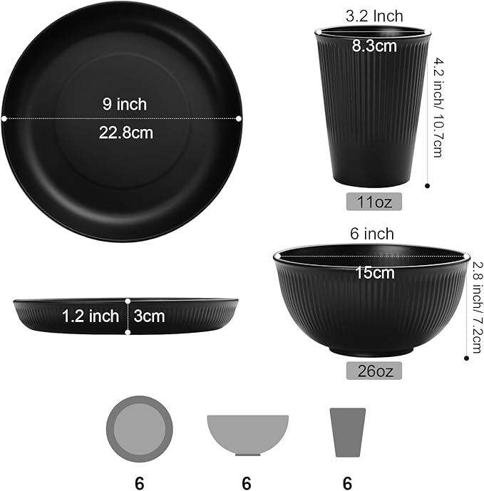 Cythia Plates and Bowls Sets for 6, 18 Pieces Kitchen Dinnerware Set Plastic Dishes Set Wheat Straw Reusable Dinner Plates, Cereal Soup Bowls and Cups Tableware for Home Parties Camping