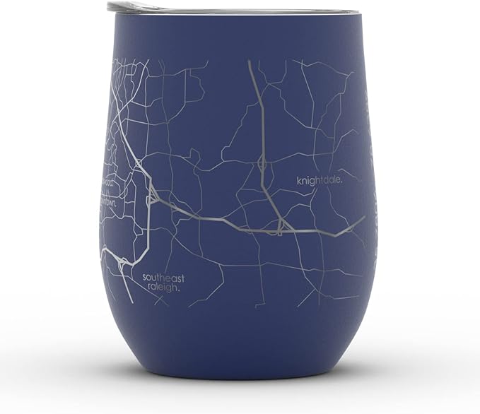 Well Told Engraved Raleigh North Carolina Map Insulated Wine Tumbler, Etched Stainless Steel Cup (12 oz, Midnight Blue) City Map Insulated Tumbler, Custom Insulated Tumbler, Outdoor Drinkware
