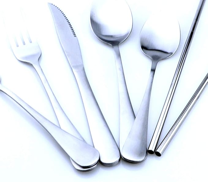Silver Reusable Utensils with Case Camping Travel Silverware Set,Portable Stainless Steel Cutlery Set - Matte Flatware Set Knife Fork Spoon Mirror Straws Chopsticks - for Office Lunch, Hiking, School