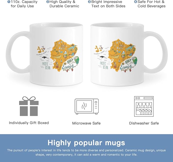 Coffee Mugs Ceramic Latte Mug with Handle Map Print 11 OZ for Men Women for Latte Cappuccino Cocoa Milk Dishwasher & Microwave Safe