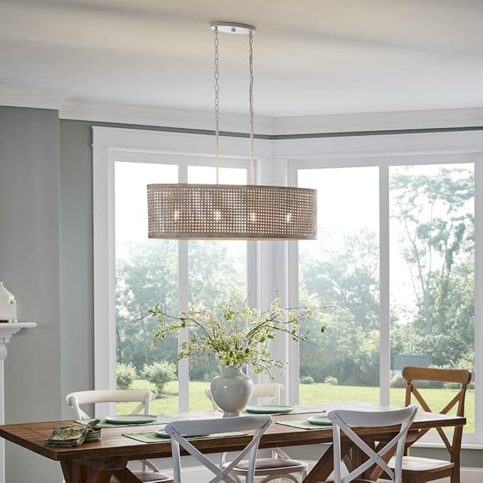 KICHLER Sayulita 4-Light Linear Chandelier in a Classic White Finish with a White Washed Wicker Shade, 82402