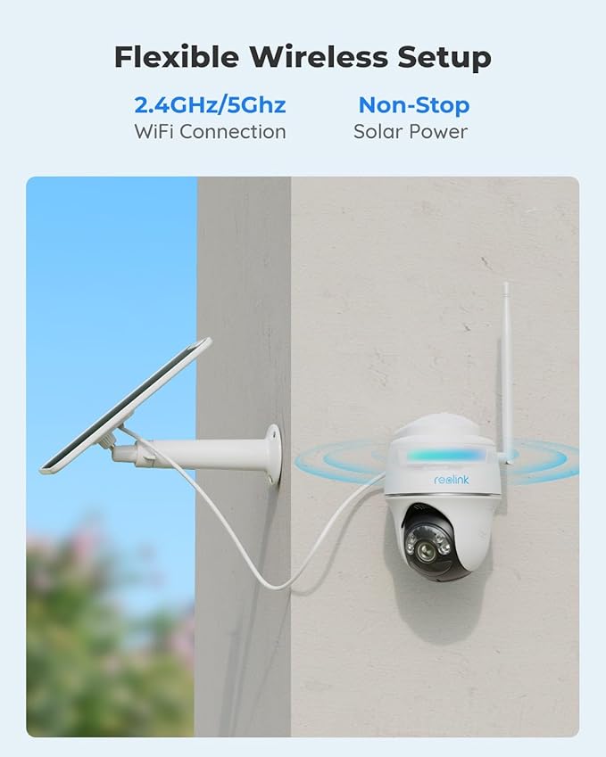 REOLINK Security Camera Wireless Outdoor, Pan Tilt Solar Powered, 5MP 2K+ Color Night Vision, 2.4/5GHz WiFi, Cameras for Home Security, Works with Home Hub, Argus PT + Solar Panel