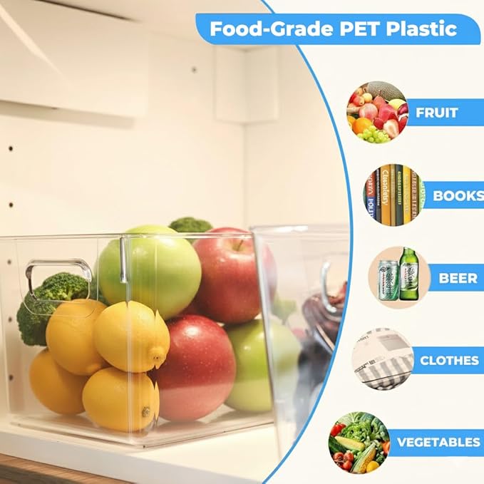 MOONEDGE 4 Pack Open Clear Plastic Storage Bins 11"x8"x6" Stackable Organizer Containers with Handle for Kitchen, Pantry, Fridge, Bathroom,Cabinet,Closet Storage