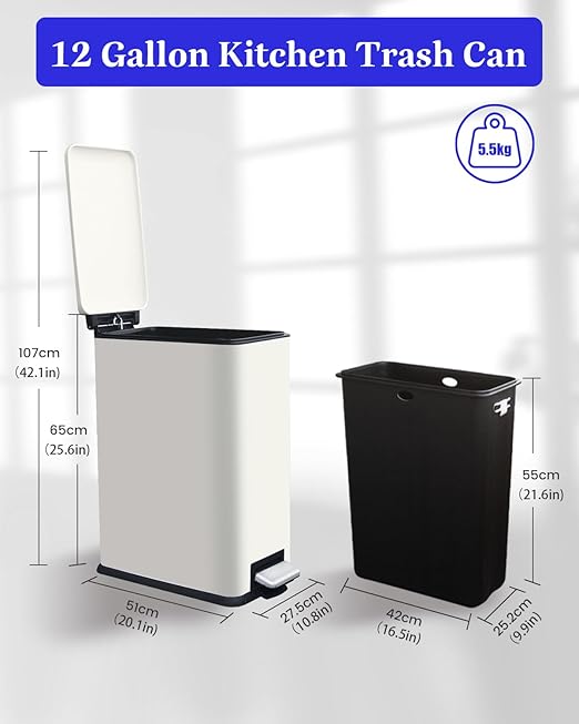 12 Gallon Slim Kitchen Trash Can, Stainless Steel Trash Can with Removal Inner Bucket and Soft-Close Lid, Pedal Garbage Can 45 Liter, White