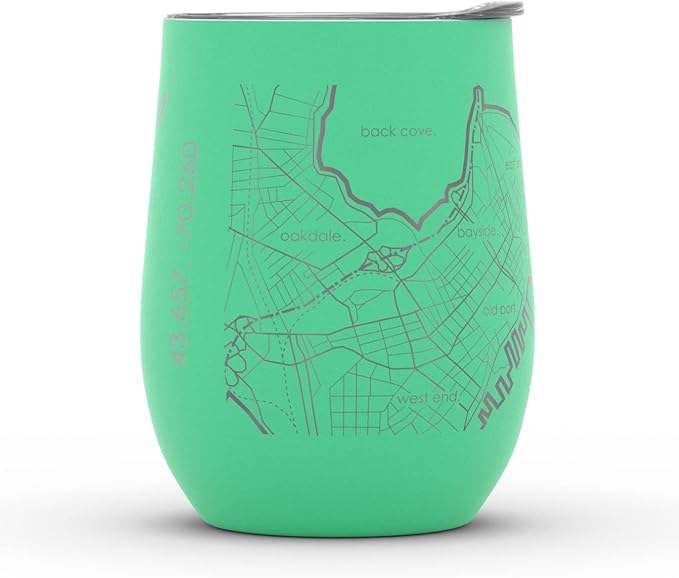 Well Told Engraved Portland Maine Map Insulated Wine Tumbler, Etched Stainless Steel Cup (12 oz, Sunday Green) City Map Insulated Tumbler, Custom Insulated Tumbler, Outdoor Drinkware