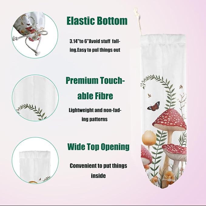 Mushroom Plastic Bag Holder, Wall Mount Plastic Bag Holders for Grocery Bags, Butterfly Large Waterproof Grocery Bags Storage Dispenser for Home Kitchen Pantry Decor, Cute Mushroom Gifts for Women Mom