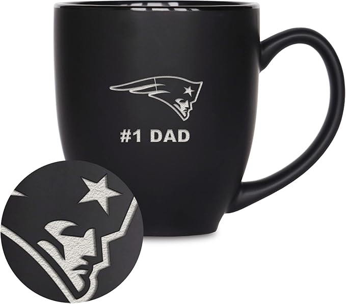 Rico Industries NFL Football #1 Dad 15oz Laser Engraved Matte Black Ceramic Bistro Mug - for Hot or Cold Drinks
