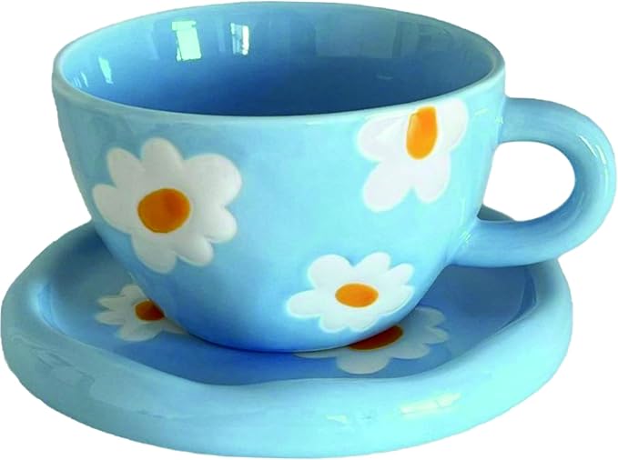 Coffee Mugs Set with Saucer Blue Flowers Cup Gifts for Women Birthday Tea Coffee Mug with Coaster 250 ML Ceramic Cup Birthday Gift for Women Girls Mom Friend Coffee Mug aucer Set