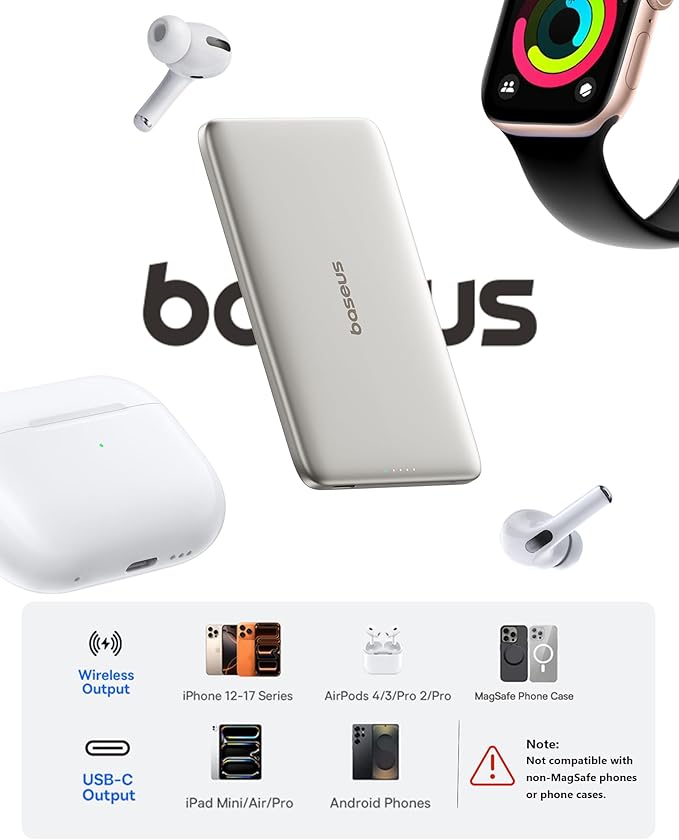 Baseus Picogo Power Bank, 0.3" Ultra Slim 5000mAh MagSafe Portable Charger with USB-C Braided Cable, Card-Size Magnetic Battery Pack, Alloy Wireless Fast Charger for iPhone 16/15/14/13/12, Lightweight
