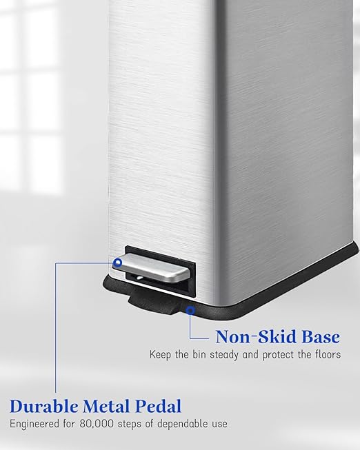 Large Bathroom Trash Can, 16.7L/ 4.4 Gallon Trash Can with Removable Wastebasket, Hand Free Garbage Can with Soft close Lid, Stainless Steel Skinny Trash Bin for Bedroom, Home Office, Silver
