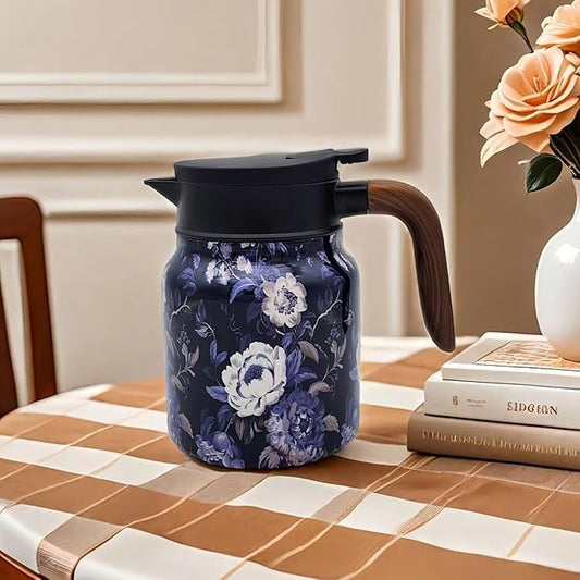 1000ml Smart Temperature Control Vintage Floral Tea Thermos Stainless Steel Insulated Mug with Built-In Filter Double Wall Vacuum Travel Tumbler for Hot Cold Drinks (White Snow Tower)