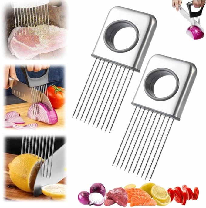 Onion Slice Holder, 2025 Upgraded Stainless Steel Onion Holder for Slicing Lemon Slicer Vegetable Cutter, Kitchen Chopper Slicing Assistant Tool for Meat, Onion, Potato, Tomato (2, C)