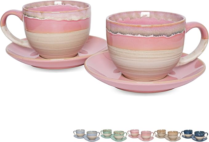 Bosmarlin Ceramic Cappuccino Cup and Saucer Set of 2, 10 Oz, Coffee Cups for Latte, Espresso, Tea, Dishwasher and Microwave Safe, Reavtive Glaze (Pink)