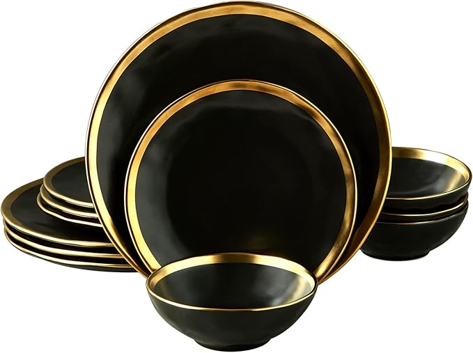 Black Luxury Plates and Bowls Sets, 12 Piece Porcelain Dinnerware Sets Service for 4, Modern Dinner Plates Set, Gold Rim Dish Set for Wedding Anniversary Birthday