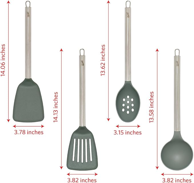 Glad Kitchen Utensils Set, 8pcs - Nonstick Cooking Tools with Stainless Steel Handles & Rotating Utensil Holder - Turners, Ladle, Spoon, Tongs, Spaghetti Server, and Skimmer - Dishwasher Safe, Green