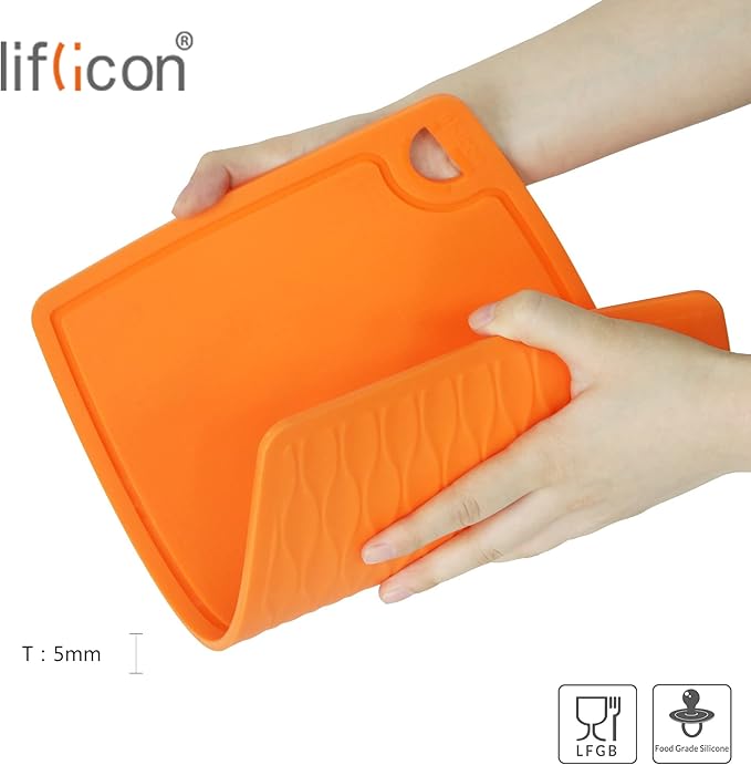 Liflicon Thick Cutting Boards for Kitchen Silicone Chopping Board Set of 2 Mid 12.6'' x 9.1”,Mini 9.1”x7.1” Non-slip Deep Drip Juice Groove Easy Grip Handle,Dishwasher Safe-Orange