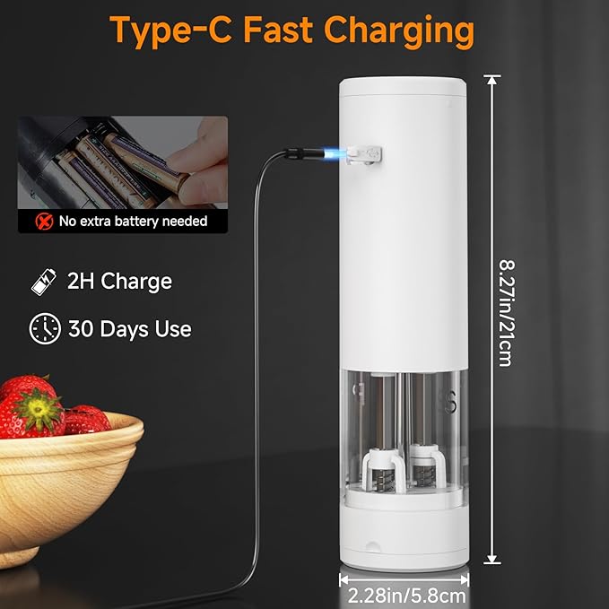 Electric Salt and Pepper Grinder Set Shakers 2 IN 1-Rechargeable Automatic Pepper Mill,with LED Lighting,Adjustable Grinder,Large Capacity-Ideal for Kitchen,BBQ,Ideal Kitchen Gifts (White)