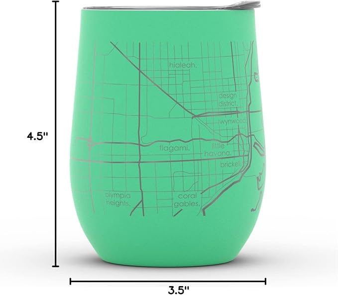 Well Told Engraved Miami Florida Map Insulated Wine Tumbler, Etched Stainless Steel Cup (12 oz, Sunday Green) City Map Insulated Tumbler, Custom Insulated Tumbler, Outdoor Drinkware
