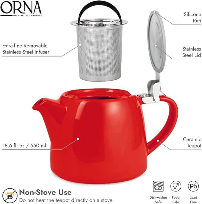 ORNA Ceramic Teapot with Tea Infuser – Small Tea Pot for Loose Leaf Tea – 550ml / 18.6 Oz Non-Stove Porcelain Teapot for 2 Cups with Tea Strainer (Red)