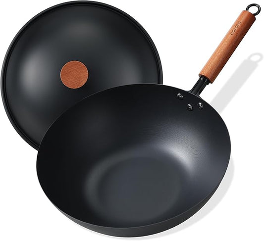 CAROTE 12.5" Carbon Steel Wok Pan, 6.5QT Woks & Stir-fry Pans, No Chemical Coated Pre-Seasoned Flat Bottom Wok with Lid for Stir Fry, BBQ, Grill & Camping, All Stovetop Compatible, Black