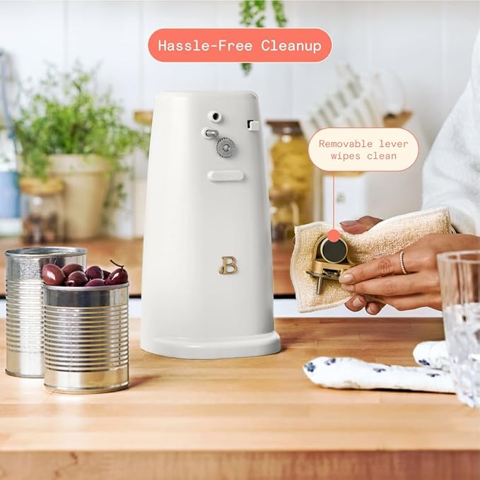 Beautiful Electric Can Opener with Auto-Turn, Magnetic Lid Holder, Knife Sharpener, Bottle Opener, Removable Lever, Cord Storage, No-Tilt Base, Stainless Steel Blade, 70W (White Icing)