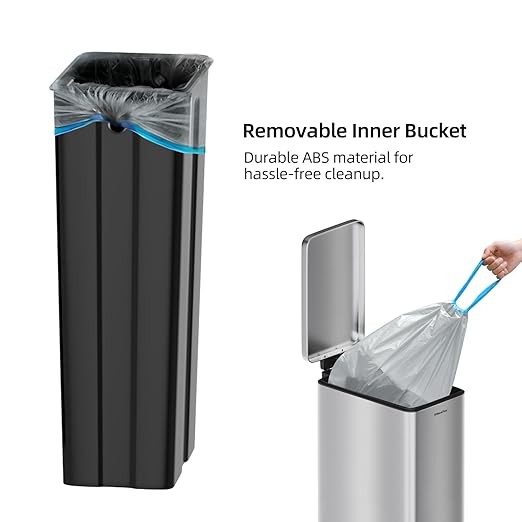 8 gallon/30L Slim Stainless Steel Garbage Can with Soft Close lid for Small Spaces，Pedal Fingerprint Proof Trash Bin with Removable Inner Bucket for Kitchen