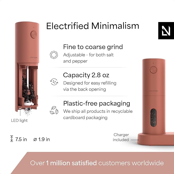 LARS NYSØM Electric Salt and Pepper Grinder Set, USB Rechargeable, Automatic Salt and Pepper Mills, Spice Shakers Refillable with LED Light, Adjustable Coarseness, Ceramic Grinder (Brick Red)