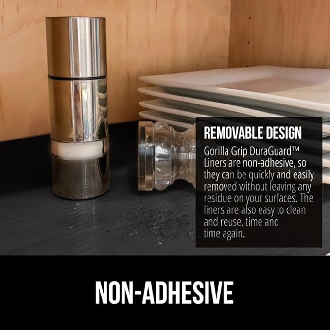 GORILLA GRIP DuraGuard Shelf Liner, Non-Adhesive Cabinet Liners for Kitchen Drawers, Shelves, Refrigerator, Pantry Storage, Bathroom Closet, Durable Waterproof BPA Free Ribbed Plastic, 12x10 Jet Black