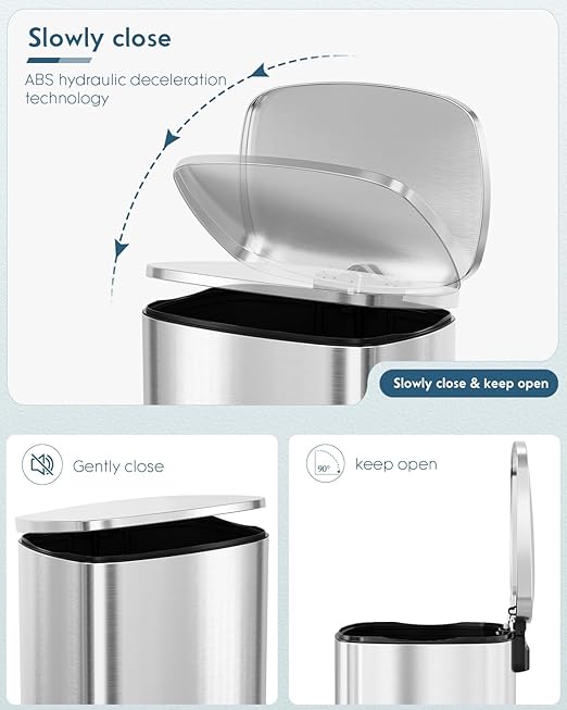 Arlopu 13.2+1.3 Gallon Step Trash Can, Stainless Steel Garbage Bin, Soft-Close Rubbish Bin with Removable Plastic Inner Bucket, Fingerprint-Proof, Lid Dustbin, for Kitchen Home (Silver)