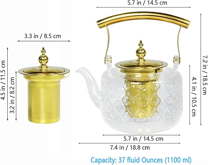 High Borosilicate Glass Teapot, 36 oz Thickened Heatproof Glass Teapot with Removable Stainless Steel Infuser and Lid, Stovetop Safe Tea Kettle, Hand Crafted Kettle, for Women and Adult
