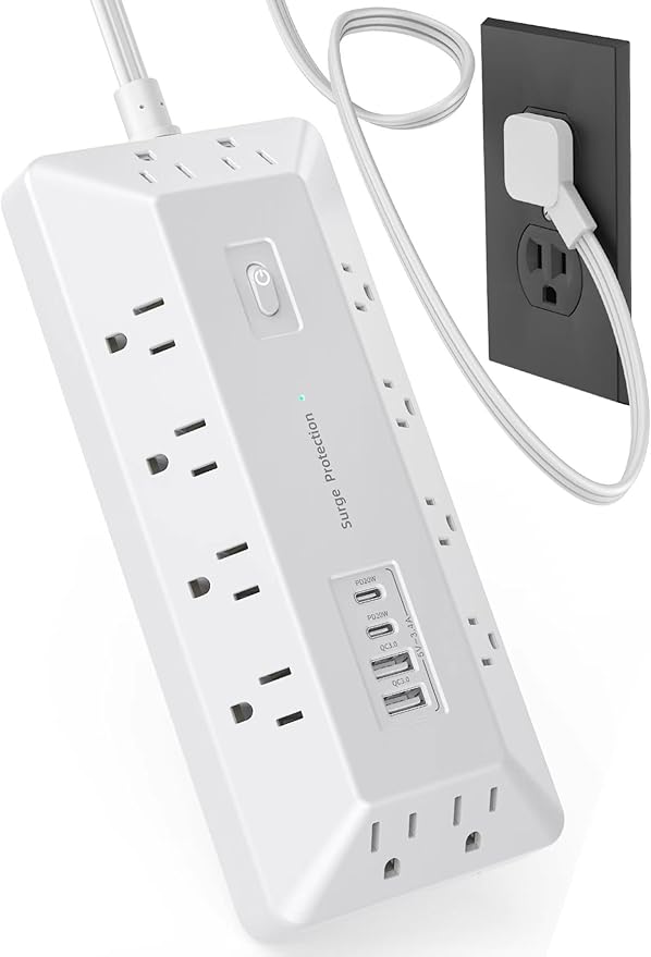 Surge Protector Power Strip with USB Ports, 12 Outlets 2 USB-C 2 USB-A, 6 Ft Flat Plug Extension Cord, Multi Plug Outlet with Phone Holder for Desk, Office, Home, Dorm, UL Certification (White)