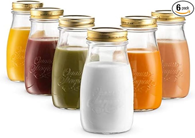 Bormioli Rocco Quattro Stagioni Small Bottles (Set of 6) - 6.75 Oz. Embossed Reusable Glass Jars with Airtight Lid, For Food Prep, Sauces, Gifts & Crafts - Round Bottle Containers, Made in Italy