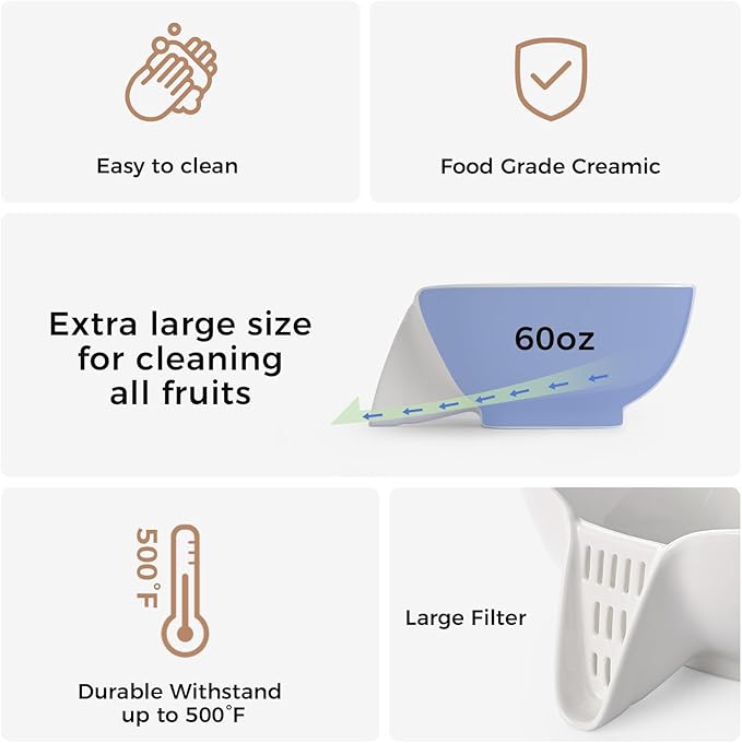 Dizada Multifunctional Ceramic Drain Basket with Integrated Drain Spout, Colander for Kitchen 60 Oz Large Capacity Food Strainer for Vegetable, Fruits, Pasta, Salad, Heat-Resistant, Dishwasher-Safe
