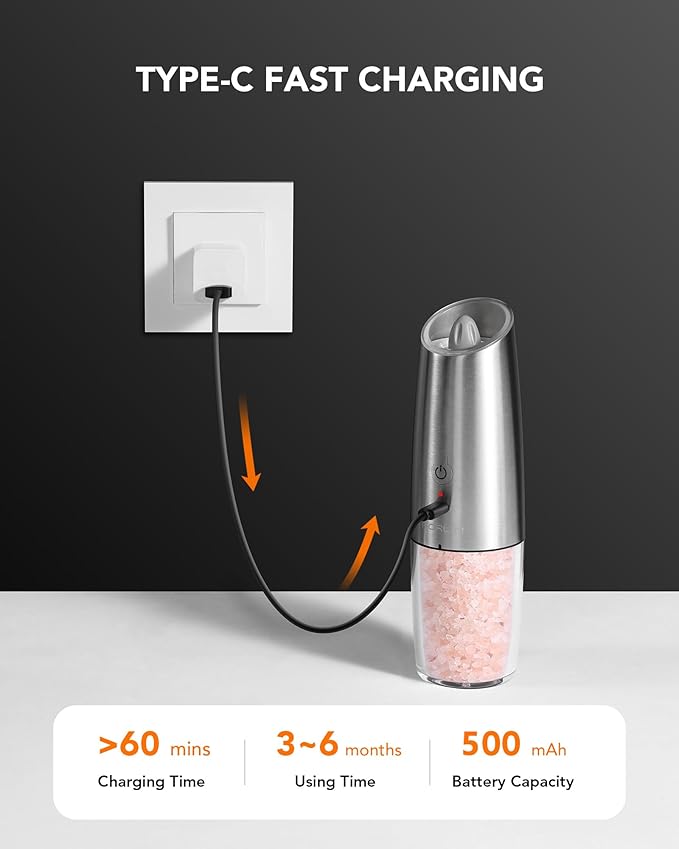 FORLIM Gravity Electric Salt and Pepper Grinder Set, USB Rechargeable 9oz Large Capacity Salt Grinder, Automatic One-Click Grinding One Hand Operated Adjustable Coarseness Pepper Mill(Silver)