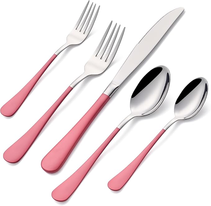 20-Pieces Pink Silverware Sets for 4,Pink Handle Stainless Steel Cutlery Set, Include Forks Spoons and Knives Set, Dishwasher Safe Utensil Sets for Home Restaurant