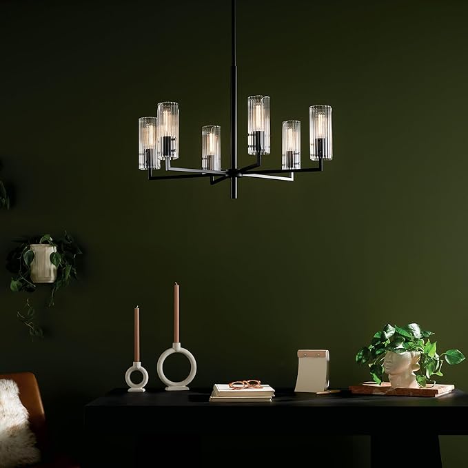 KICHLER Velestino 30.25" 6 Light Chandelier in Black, for Foyer, Dining Room, Living Room, Bedroom, (21.25" x 30.25") 52679BK