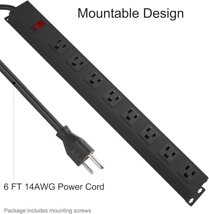 3Pack Metal 8 Outlet Mountable Power Strip, Wall Mount Outlet Heavy Duty, Wide Spaced Commercial Shop Power Strip with Switch, 6 FT Power Cord.