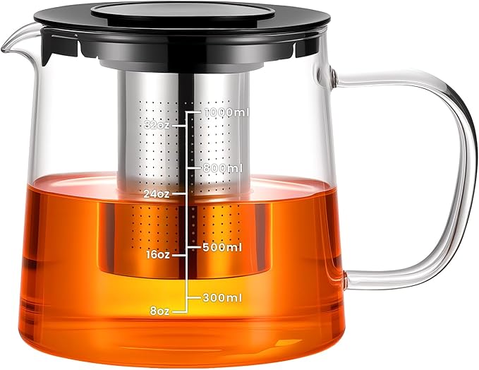 PARACITY Glass Teapot Stovetop 33oz/1000ml, Tea pot with Removable 18/8 Stainless Steel Infuser, Borosilicate Clear Tea Kettle, Teapot Blooming and Loose Leaf Tea Maker Tea Brewer for Camping