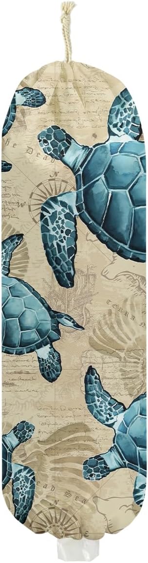 Turtle Plastic Bag Holder for Kitchen Essentials, Shells Wall Mount Grocery Bag Holder for Plastic Bags, Reusable Grocery Bags Storage Dispenser for Kitchen Pantry Decor, Sea Turtle Gifts for Women