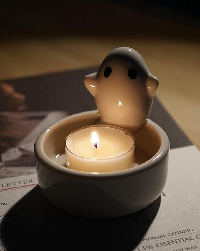 Ghost Candle Holder with Tea Light Candle, Cute Ceramic Ghost Tea Light Candle Holders, Handmade Candlestick, Halloween Decor, Gift for Girls Lovers Women, Scented Candle Included