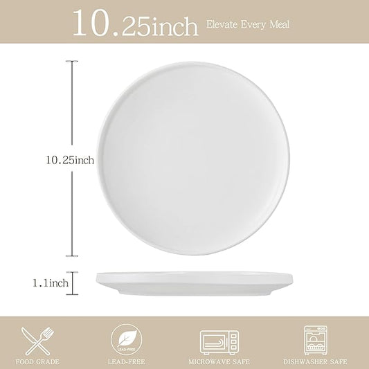 Stoneware Dinner Plates Set of 4, 10.25 Inch Plates for Steak, Pasta, Ceramic Plates Sets, Microwave Safe, Dishwasher Safe, Versatile for All Seasons, Matte White