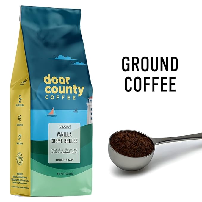 Door County Coffee Vanilla Creme Brulee Flavored - 10oz Bag - Ground Medium Roast - 100% Arabica - Vanilla Creme Brulee