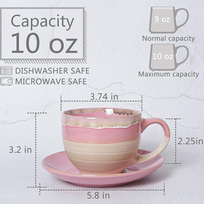 Bosmarlin Ceramic Cappuccino Cup and Saucer Set of 2, 10 Oz, Coffee Cups for Latte, Espresso, Tea, Dishwasher and Microwave Safe, Reavtive Glaze (Pink)